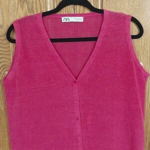 Zara‎ Women's Sleeveless Button-up V-Neck Top Size Small Hot Pink Linen Nylon